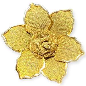 Unbranded Vintage 1960s Gold Tone Mesh Rose Brooch 2 Inch Floral Pin Statement